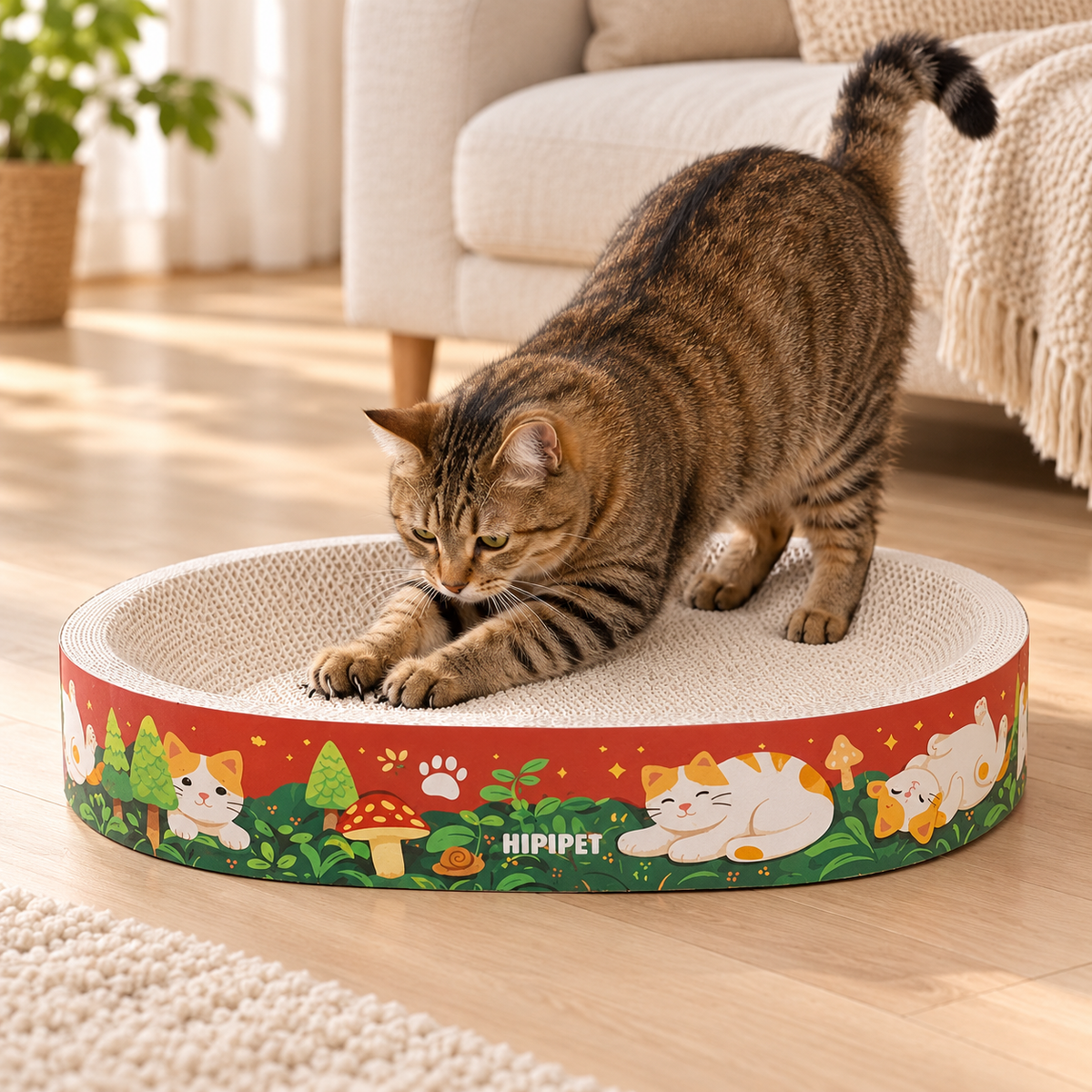 Brown tabby cat stretching and scratching inside an oval cardboard cat scratcher bed with a forest cat print