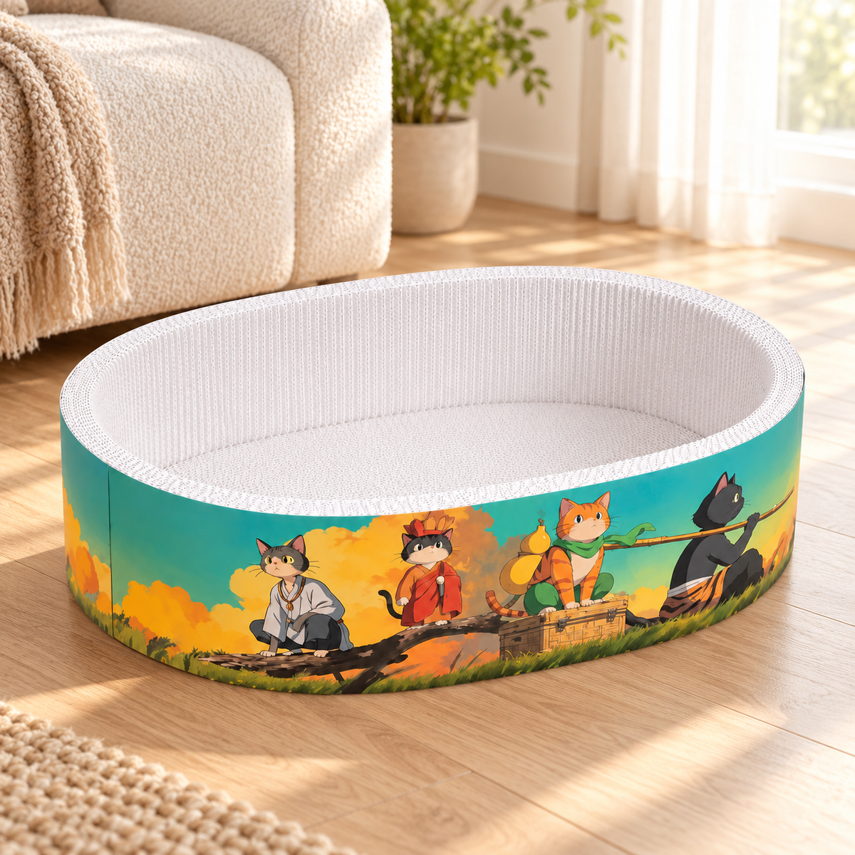 Meow Jack oval cat scratcher bed on a wooden floor beside a cream sofa