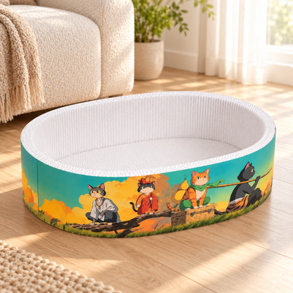 Meow Jack oval cat scratcher bed on a wooden floor beside a cream sofa