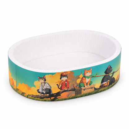 Meow Jack oval cardboard cat scratcher bed with white interior and colourful cat illustrations
