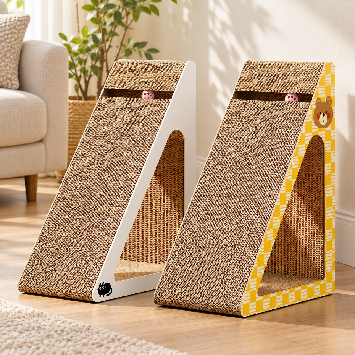 White and yellow bear print triangular cardboard cat scratchers with hideaway openings beside a cream sofa