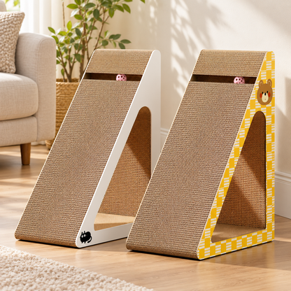 White and yellow bear print triangular cardboard cat scratchers with hideaway openings beside a cream sofa