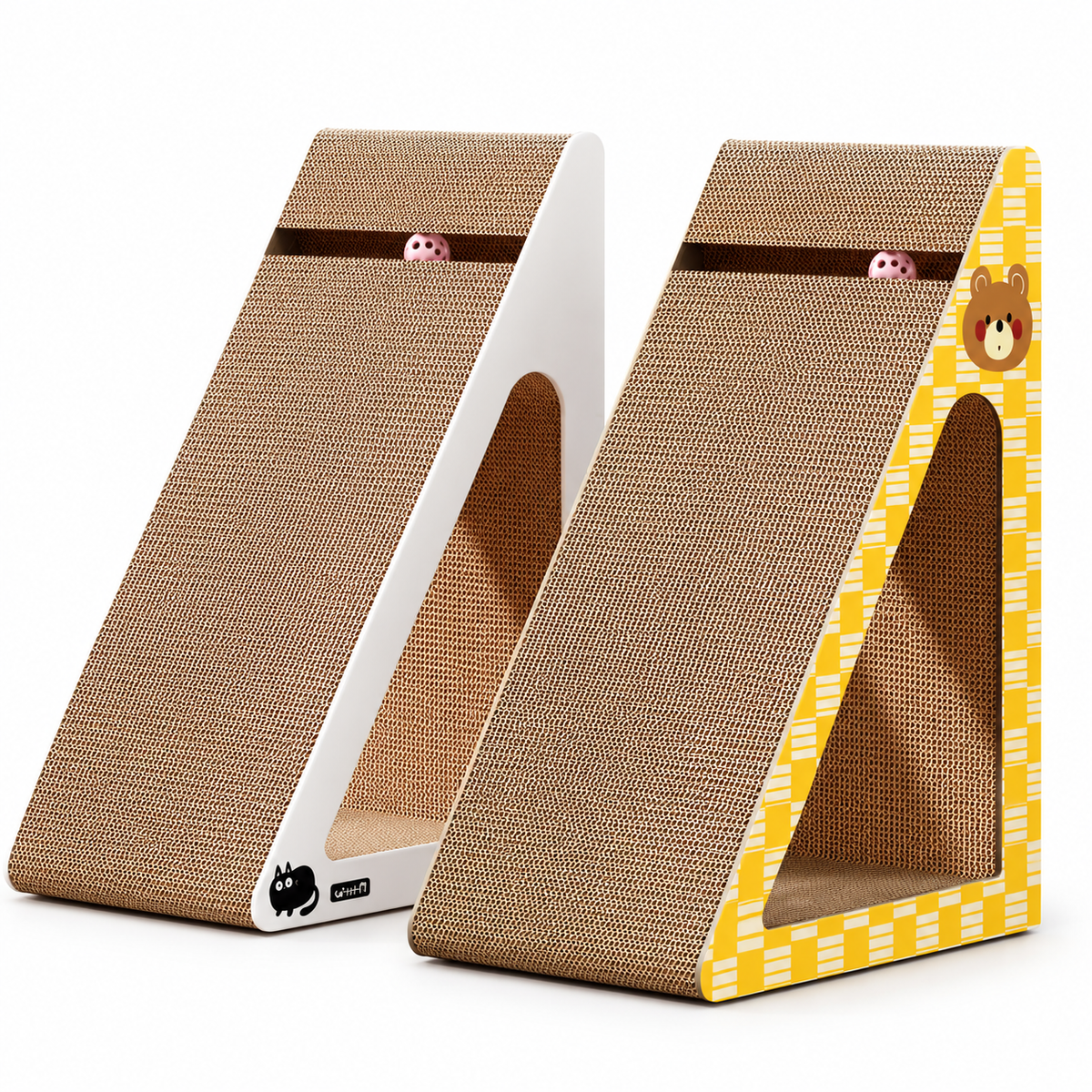Triangular cardboard cat scratchers in white and yellow bear designs with toy balls and hideaway openings on a white background