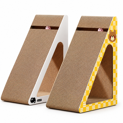 Triangular cardboard cat scratchers in white and yellow bear designs with toy balls and hideaway openings on a white background