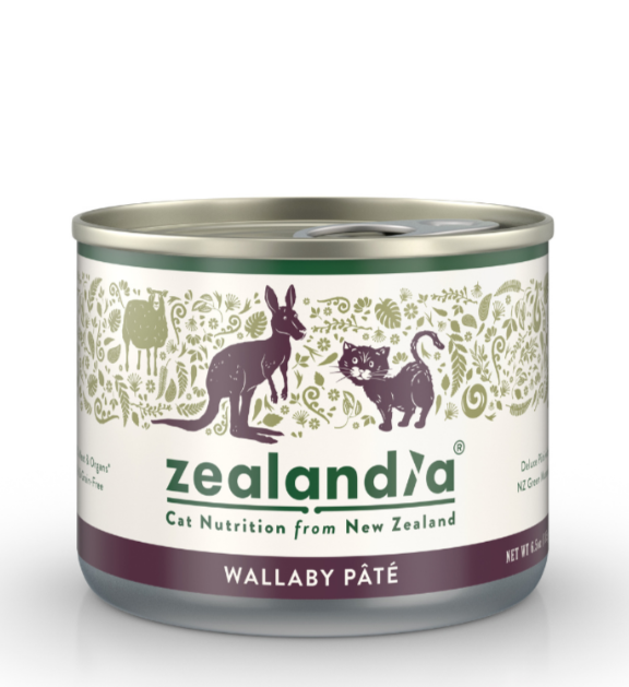 Zealandia Wallaby Pate canned cat food front view with New Zealand wallaby recipe packaging