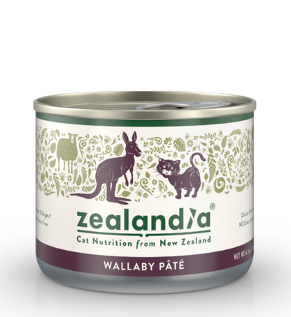 Zealandia Wallaby Pate canned cat food front view with New Zealand wallaby recipe packaging