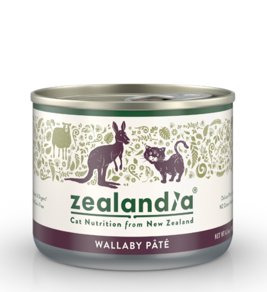 Zealandia Wallaby Pate canned cat food front view with New Zealand wallaby recipe packaging
