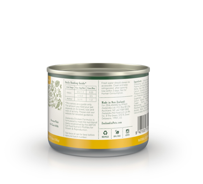 Zealandia Chicken Formula canned cat food back label with feeding guide and product information