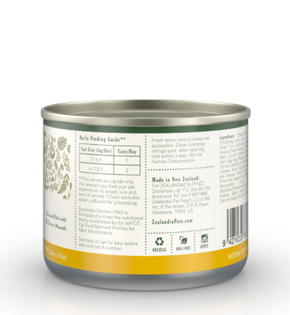 Zealandia Chicken Pate canned cat food back label showing feeding guide, ingredients and product information