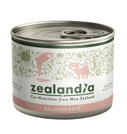 Zealandia Salmon Pate canned wet cat food front view with sealed pull tab lid