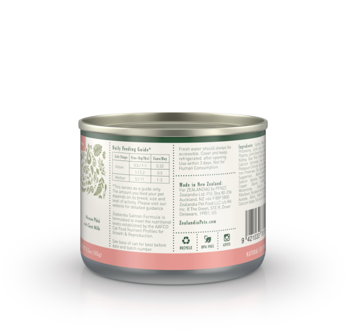 Zealandia Salmon Formula canned cat food back label with feeding guide and product information