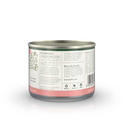 Zealandia Salmon Formula canned cat food back label with feeding guide and product information