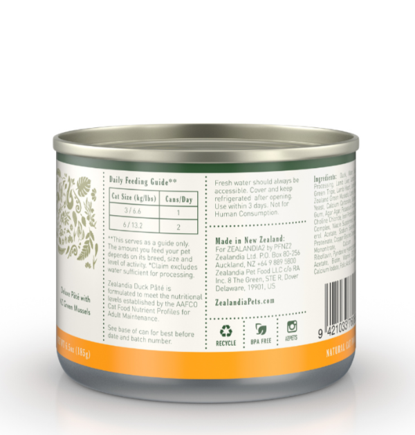 Zealandia Duck Pate canned cat food back label showing feeding guide, ingredients and product information