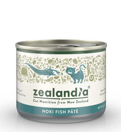Zealandia Hoki Fish Pate wet cat food can front view with New Zealand hoki fish recipe packaging