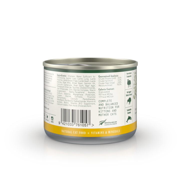 Zealandia Chicken Formula canned wet cat food ingredients and complete balanced nutrition label