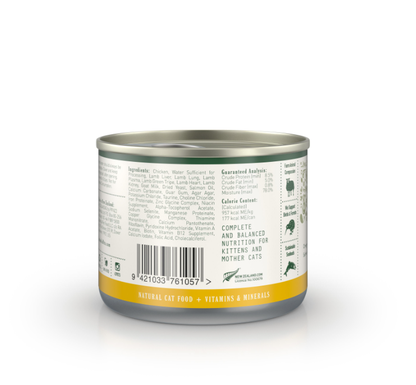 Zealandia Chicken Formula canned wet cat food ingredients and complete balanced nutrition label