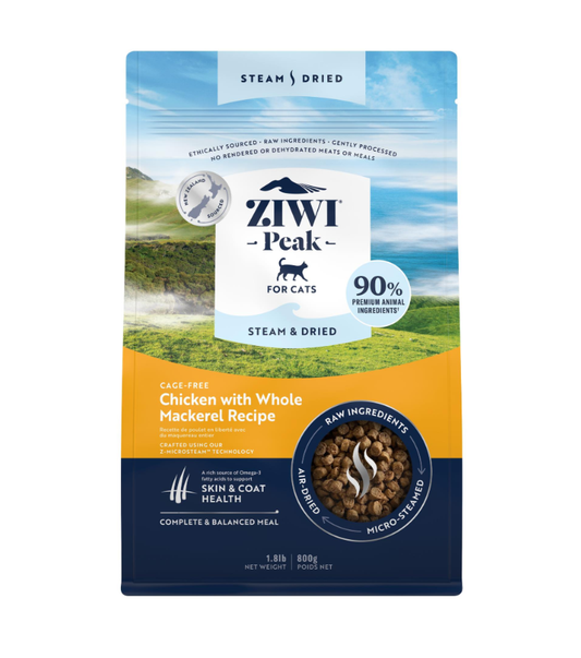Ziwi Peak Steam and Dried Cage Free Chicken with Whole Mackerel Recipe dry cat food 800g front packaging